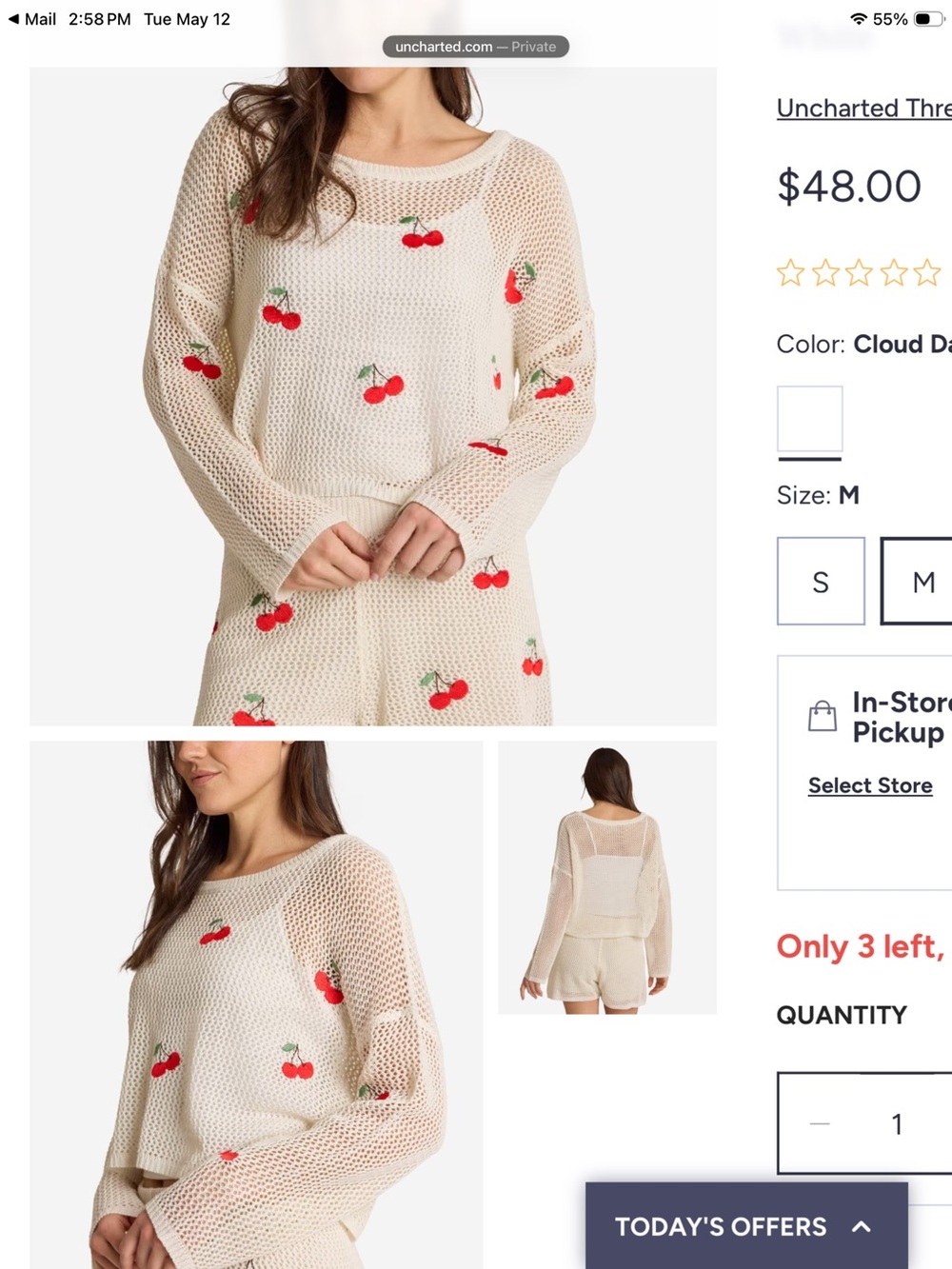 Cherry Embroidered White Open-Knit Sweater